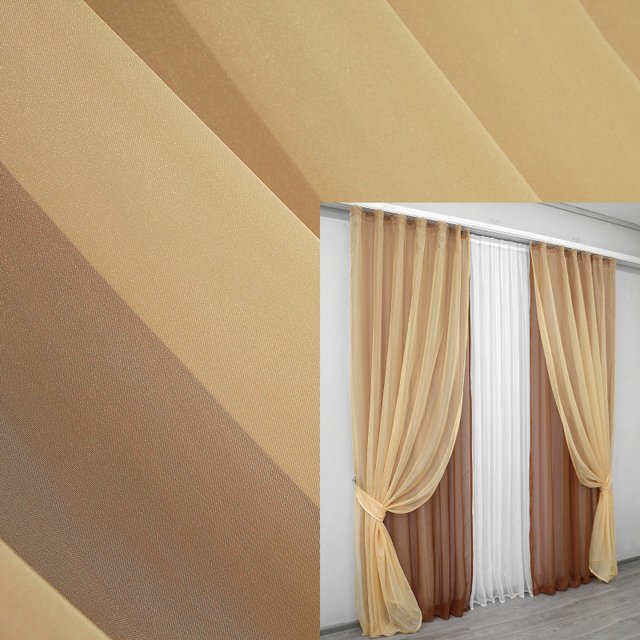 Декоративні штори (150х280см) з шифону з підхватами колір золотистий з коричневим 005дк (н109-н106) 10-021