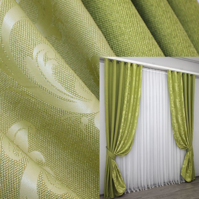 Комбіновані (2шт 1,5х2,7м) штори з тканини льон колір зелений з салатовим 014дк (946-320ш) 10-635