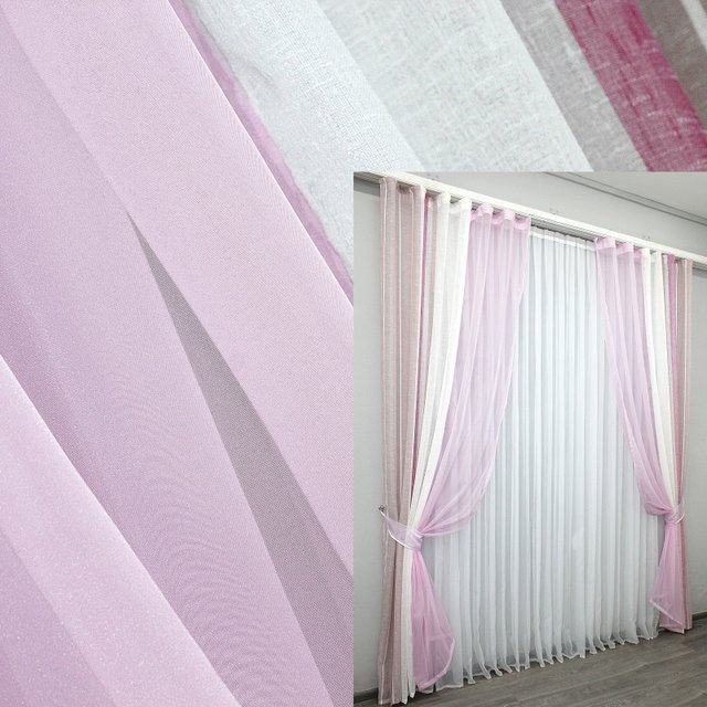 Комбіновані штори із шифону та льону колір рожевий 023дк 10-689