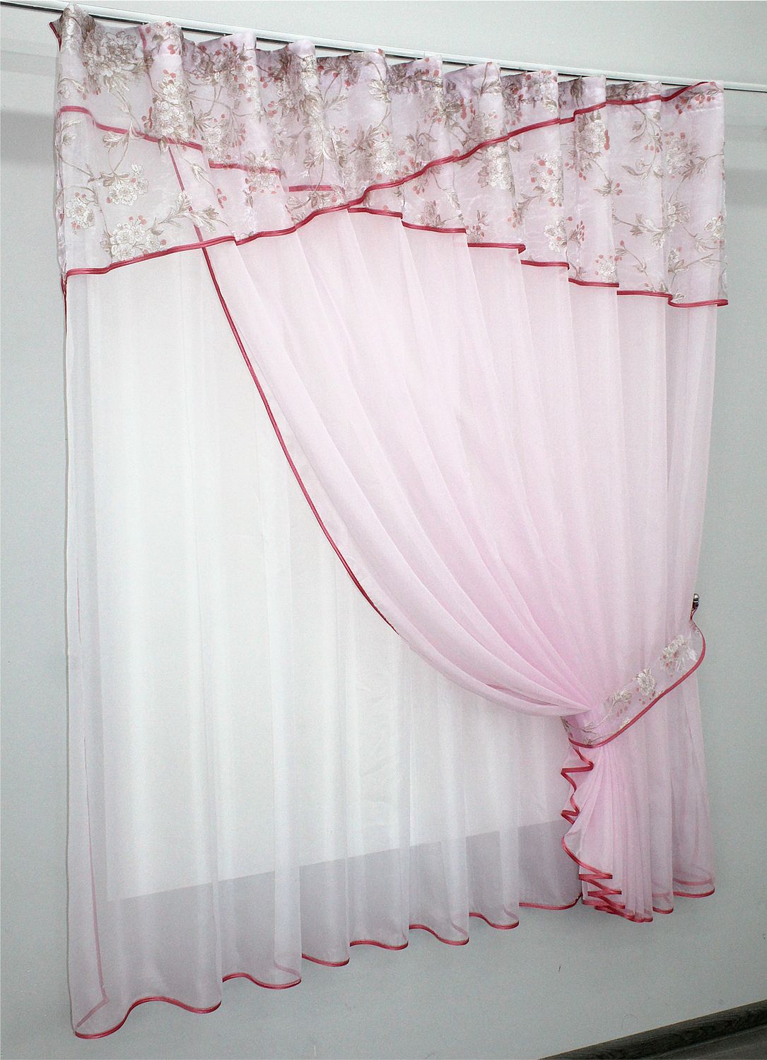 Кухонний комплект (270х170см) тюль і шторка з підв'язкою колір рожевий з білим 00к 59-526
