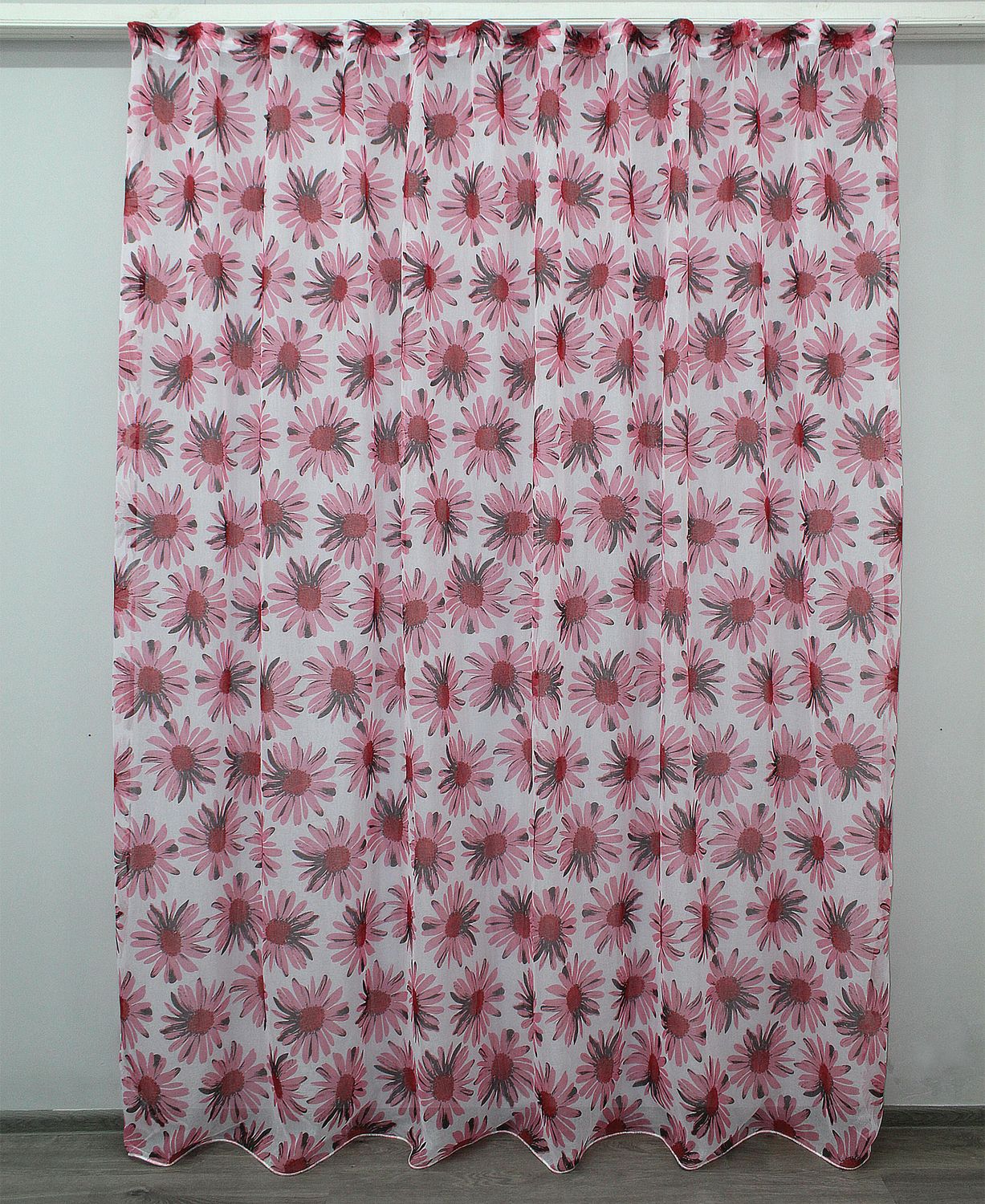 Тюль батист, колекція "Flora" колір білий з рожевим квітковим принтом 1170т, Тюль на метраж, Потрібну Вам ширину вказуйте при покупці. (Ширина набирається по довжині рулона.), 2,7 м.