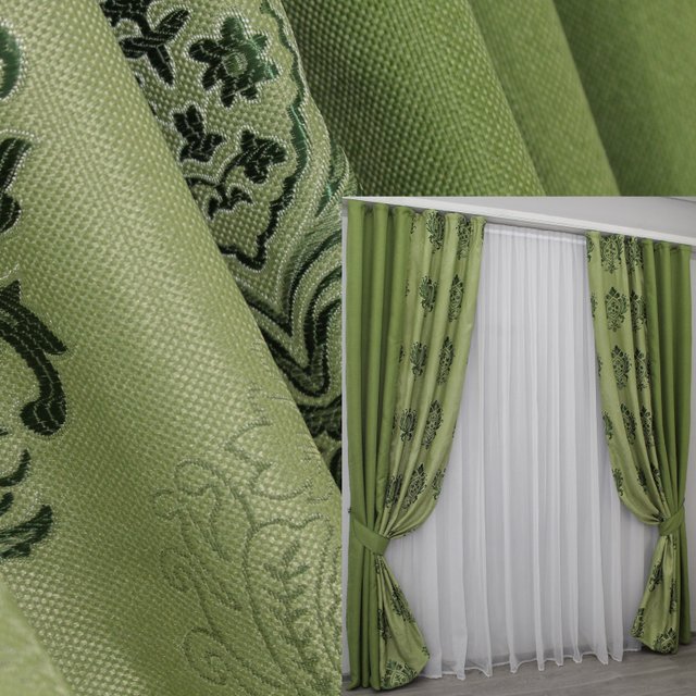 Комбіновані (2шт 1,5х2,7м) штори з тканини льон колір салатовий з зеленим 014дк (946-320ш) 10-597