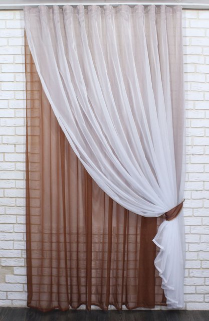 Декоративні штори з шифону з підхватом колір коричневий з білим 005дк 10-356, Коричневий з білим, Комплект штор (2 шт. 3,0х2,5 м.), 3,0 м., 2,5 м., 1,5 - 2 м., В комплекті 2 шт., Тасьма