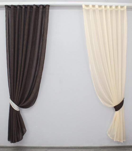 Комплект (2шт 2х2,5м) декоративних штор з льону та шифону колір коричневий з бежевим 026дк 10-568