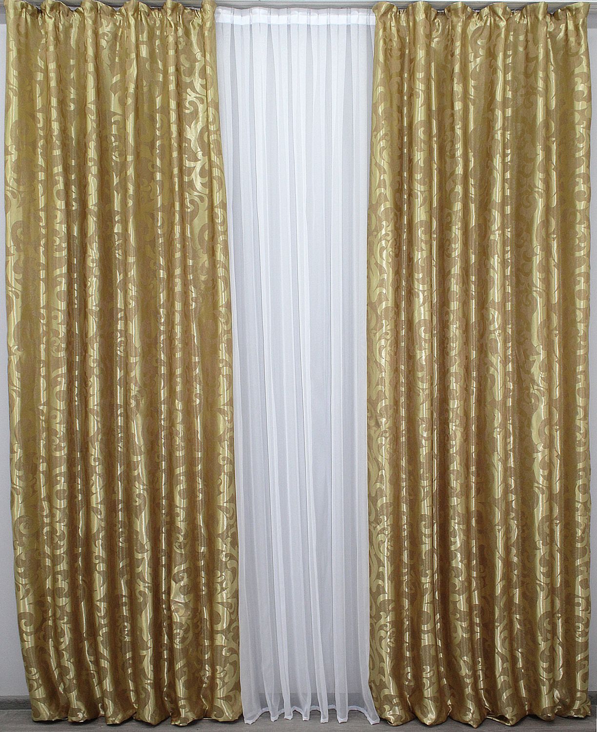 Комплект штор из ткани жаккард коллекция "Вензель" цвет золотистый 091ш, Золотистый, Комплект штор (2шт. 1,5х2,7м.), 1,5 м., 2,7 м., 150, 270, 2 - 3 м., В комплекте 2 шт., Тесьма