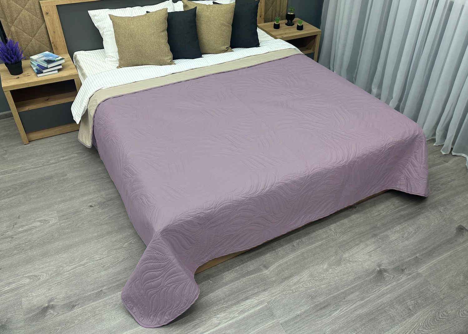 Покривало двостороннє Decorator Microfiber листя 160х215 см бузковий з бежевим (85-125)