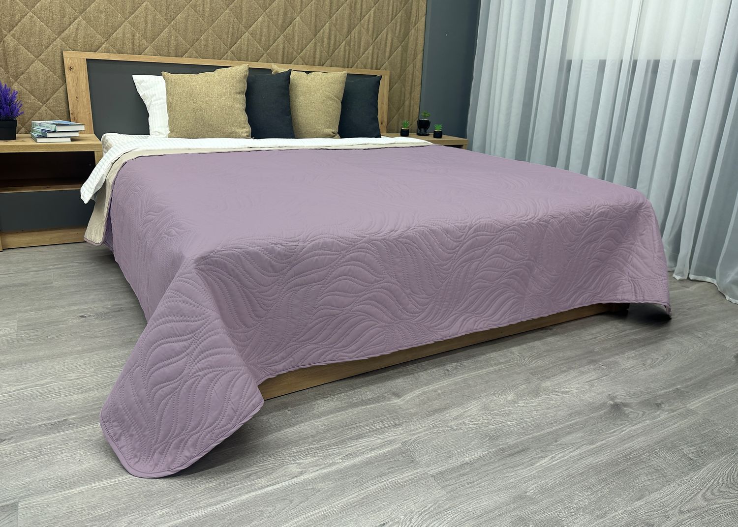 Покривало двостороннє Decorator Microfiber листя 160х215 см бузковий з бежевим (85-125)