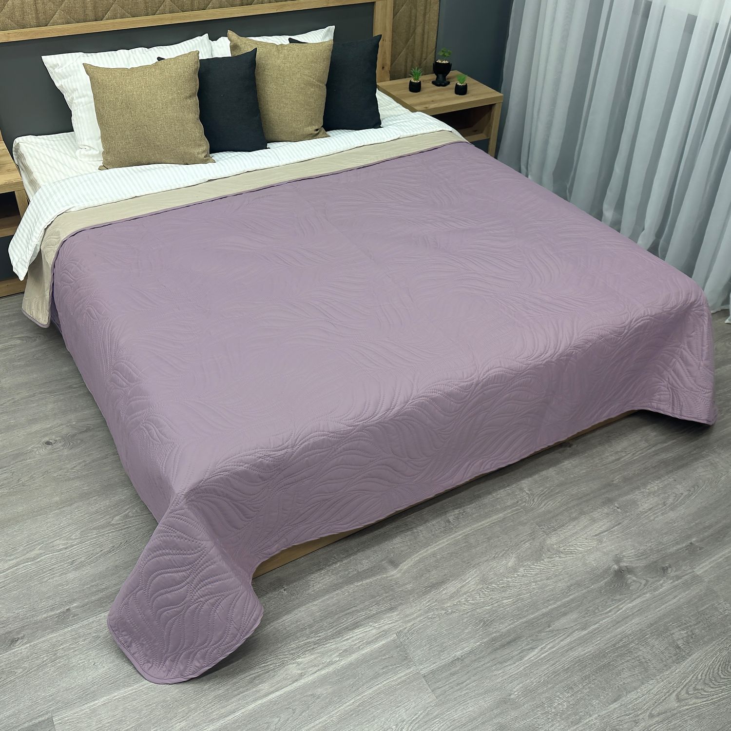 Покривало двостороннє Decorator Microfiber листя 160х215 см бузковий з бежевим (85-125)