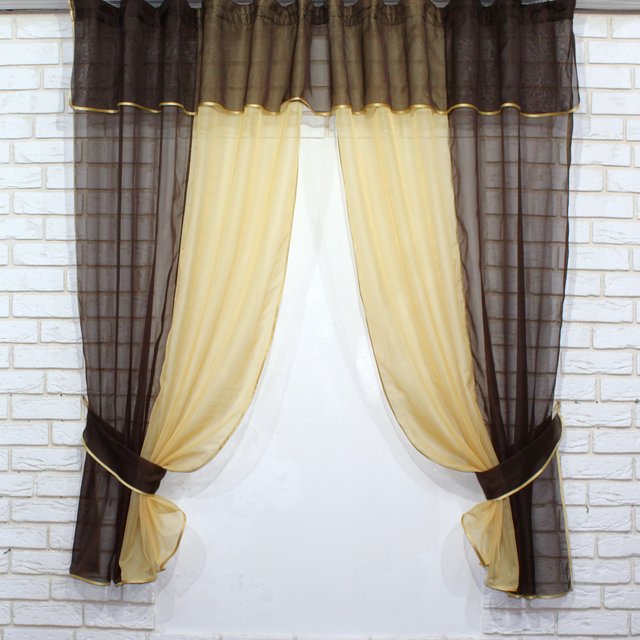 Кухонные шторы (270х170см) с ламбрекеном, на карниз 1-1,5м цвет венге с янтарным 090к 50-227