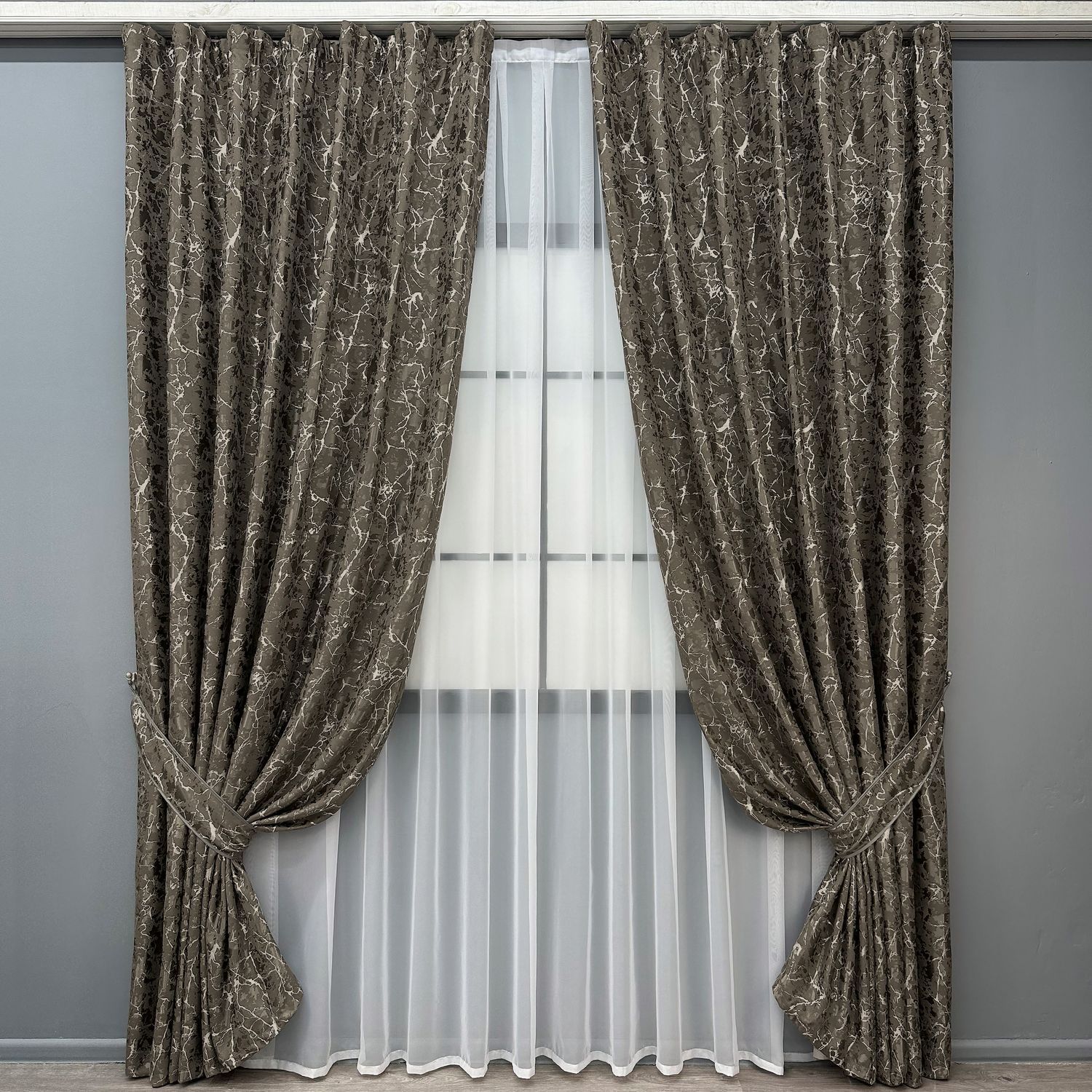 Комплект (2шт 1,5х2,7м) штор льон мармур, колекція "Royal Touch" колір сіро-коричневий 2008ш 33-1301