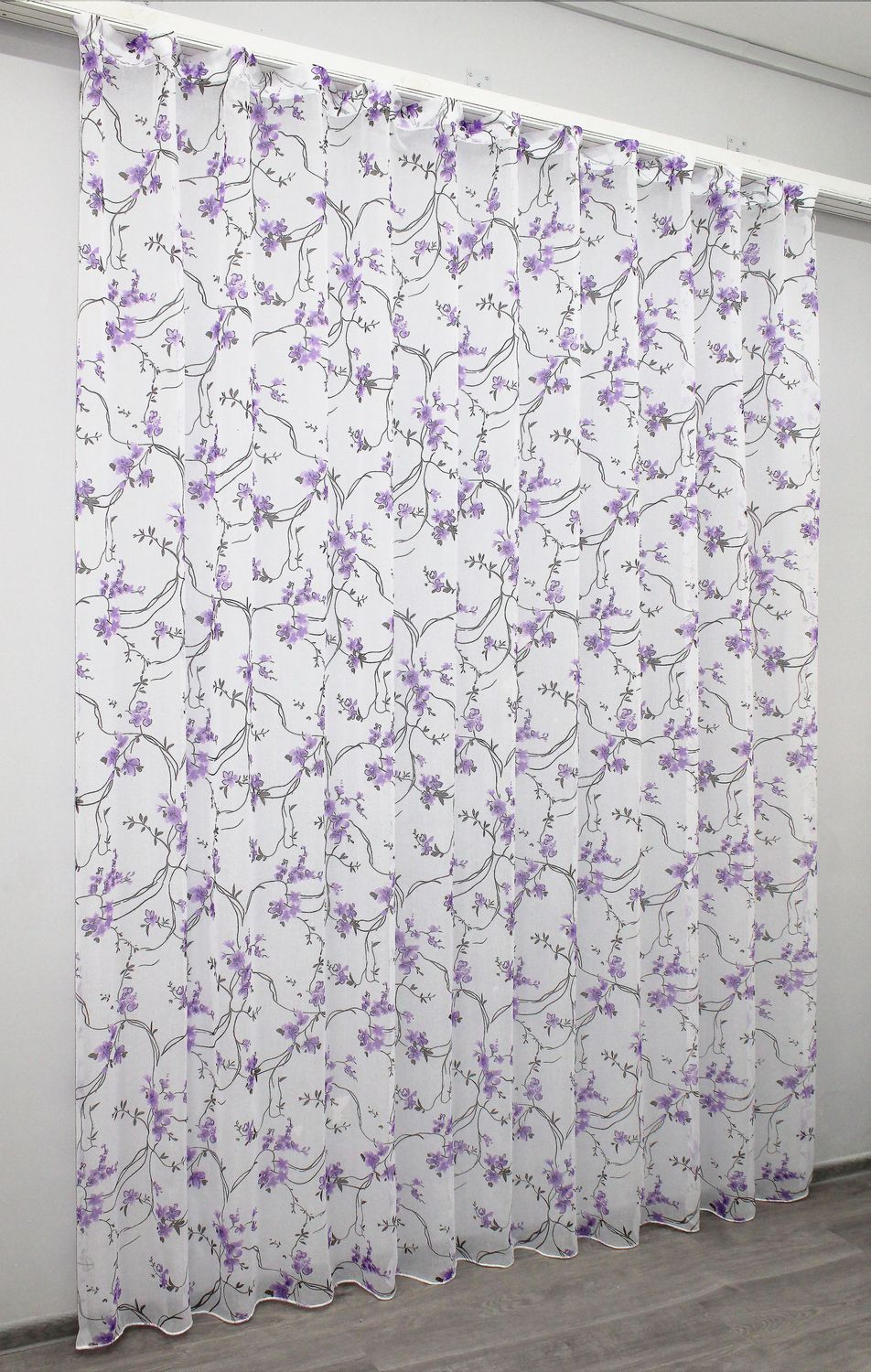 Тюль батист "Flora" колір білий з фіолетово-чорним принтом 1324т, Тюль на метраж, Без кріплення, тканина на відріз, Потрібну Вам ширину вказуйте при покупці. (Ширина набирається по довжині рулона.), 2,7 м.