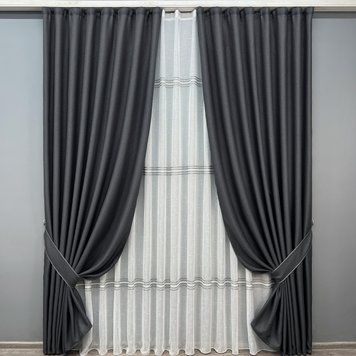 Комплект (2шт 1x2,7м + 3х2,7м) штор с тюлем "Лен Мешковина", цвет графитовый с белым (1161ш-1428т) 71-174/1
