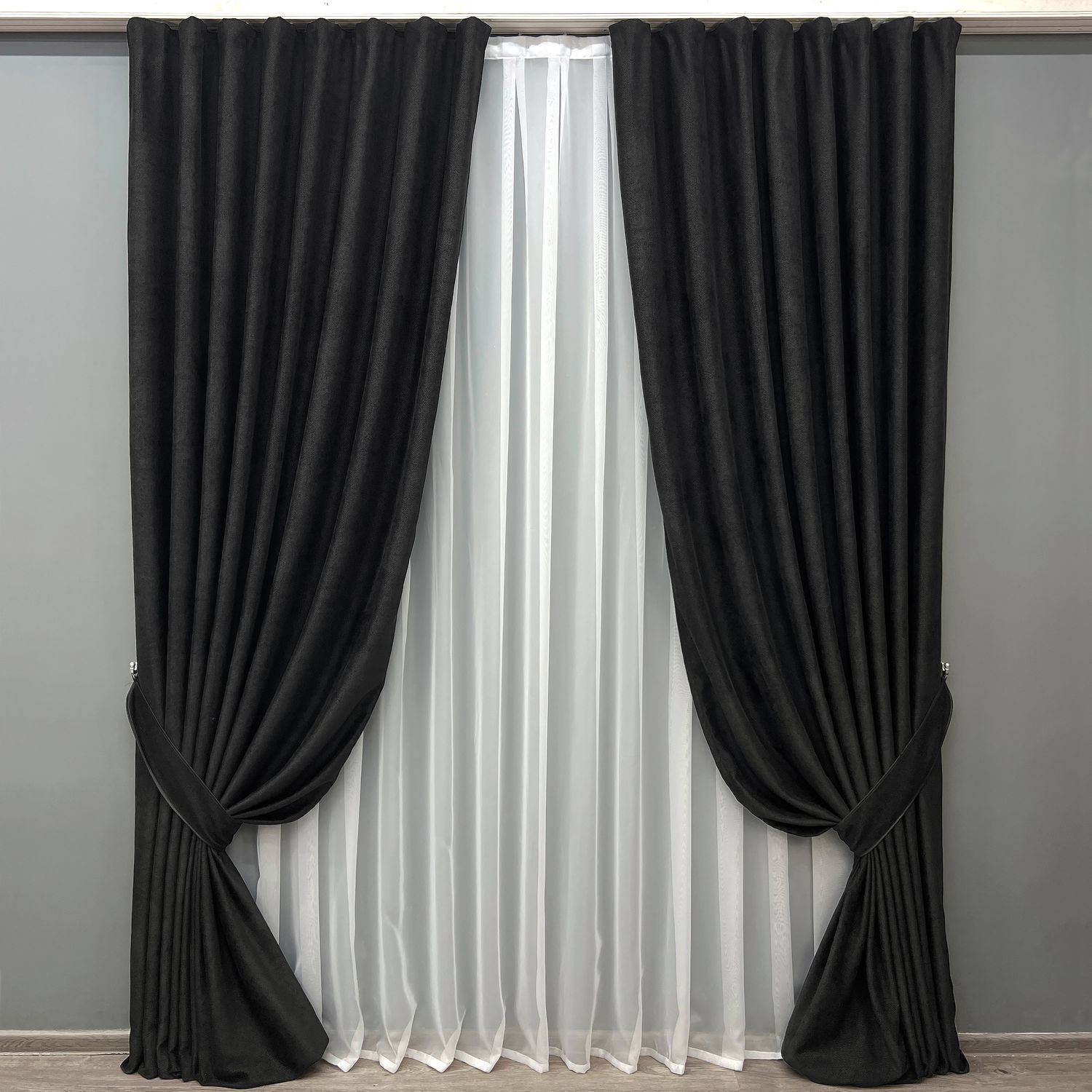Комплект (2шт 2х3м) штор фактурный лен премиум, коллекция "Grand Linen", цвет черный 2040ш 32-386