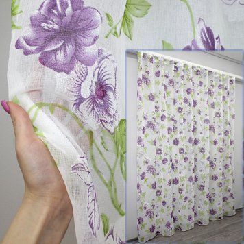 Тюль батист, коллекция "Flora" цвет белый с фиолетовым и салатовым 1266т, Готовая тюль с тесьмой (3х2,7 м.), 3,0 м., 2,7 м., 300, 270, 1,5 - 2 м., Тесьма