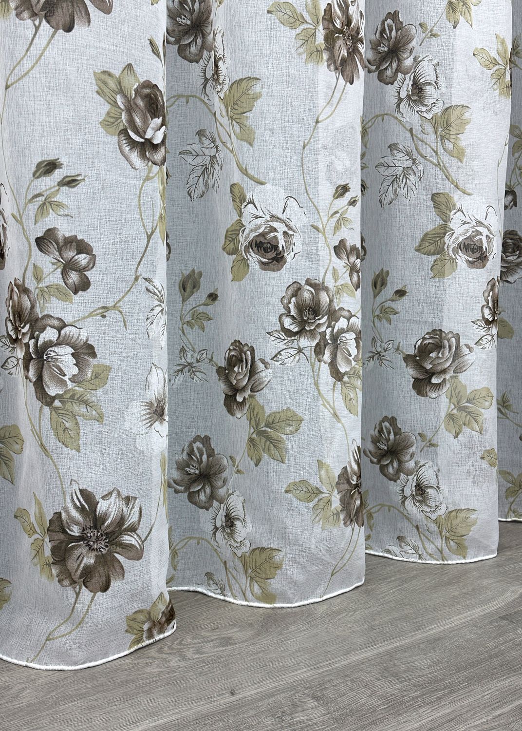 Тюль батист, коллекция "Flora" цвет белый с коричневым 1267т, Готовая тюль с тесьмой (3х2,7 м.), 3,0 м., 2,7 м., 300, 270, 1,5 - 2 м., Тесьма