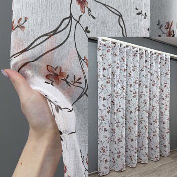 Тюль батист "Flora" колір білий з теракотово-чорним принтом 1327т, Готова тюль з тасьмою (3х2,7 м.), 3,0 м., 2,7 м., 300, 270, 1,5 - 2 м., Тасьма