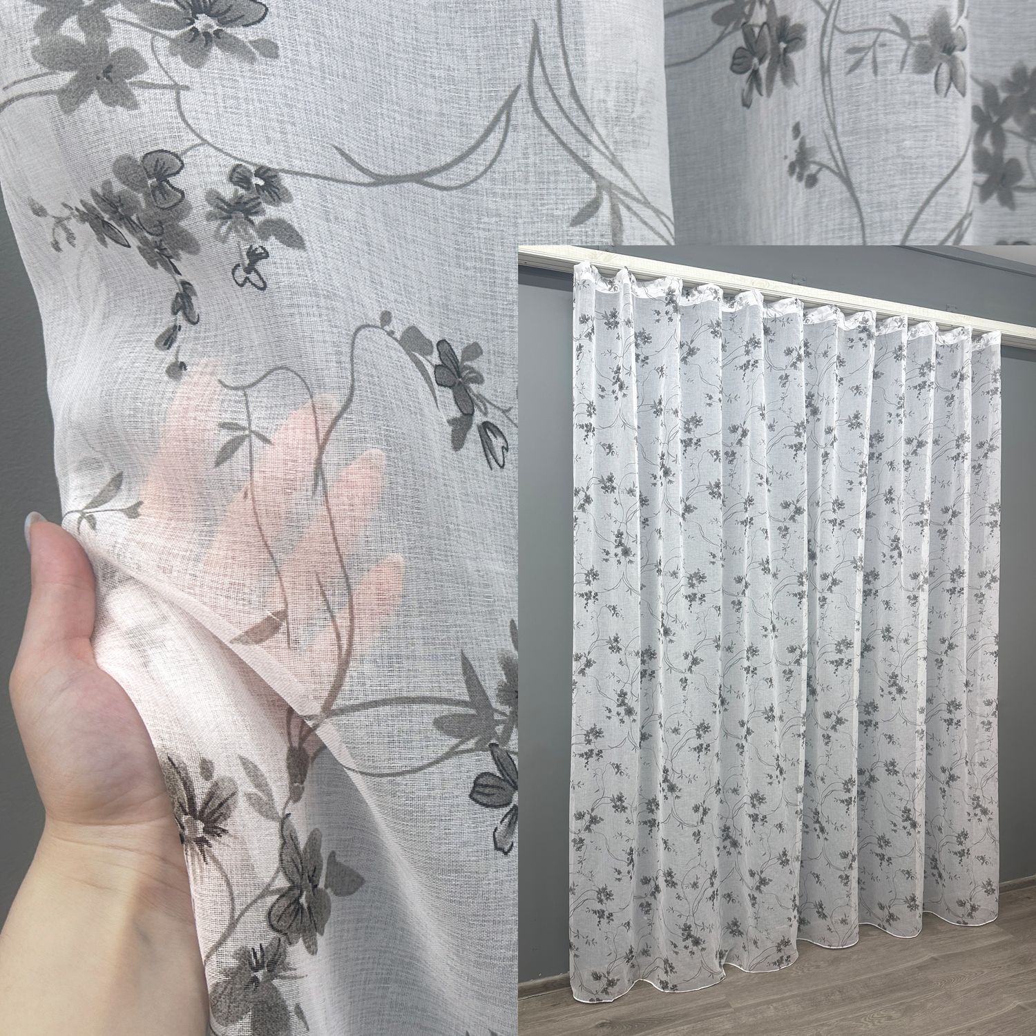 Остаток (4,1х2,8м) ткани батист с цветочным принтом &laquo;Flora&raquo; цвет белый с серым 1535ту 00-0013