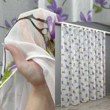 Тюль батист, коллекция "Flora" цвет белый с фиолетовым и салатовым 1907т, Готовая тюль с тесьмой (3х2,7 м.), 3,0 м., 2,7 м., 300, 270, 1,5 - 2 м., Тесьма