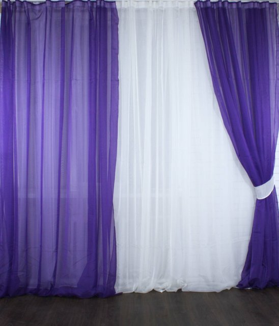 Комплект штор из шифона цвет фиолетовый и шампань 011дк (н118-н102), Фиолетовый и шампань, Комплект штор (3 шт. 1,5х2,8 м.), 1,5 м., 2,8 м., 2 - 3 м., В комплекте 1 шт., Тесьма