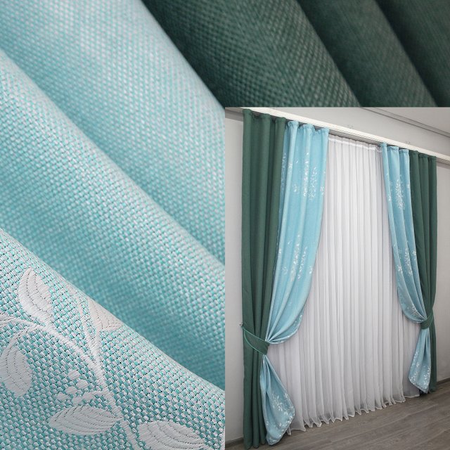 Комбинированные (2шт 1,5х2,7м) шторы из ткани лён цвет бирюзовый с голубим 014дк (511-1107ш) 10-636