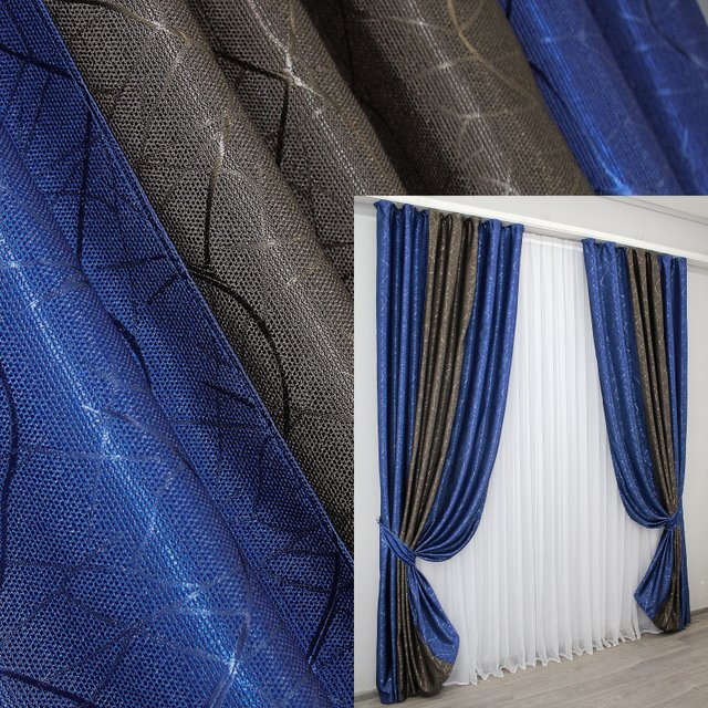 Комбинированные (2шт 1,65х2,7м) шторы, лен-блэкаут цвет синий с какао 016дк (588-631-588ш) 10-634