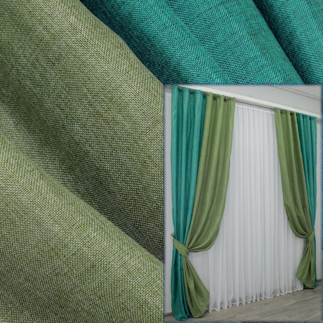 Комбіновані (2шт 1,6х2,7м) штори з тканини льон колір бірюзовий з оливковим 014дк (111-106ш) 10-580