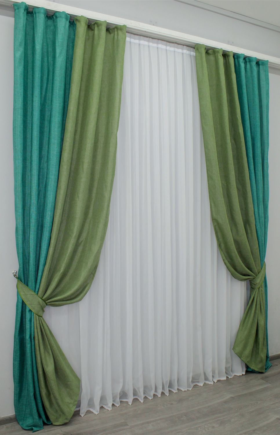 Комбіновані (2шт 1,6х2,7м) штори з тканини льон колір бірюзовий з оливковим 014дк (111-106ш) 10-580