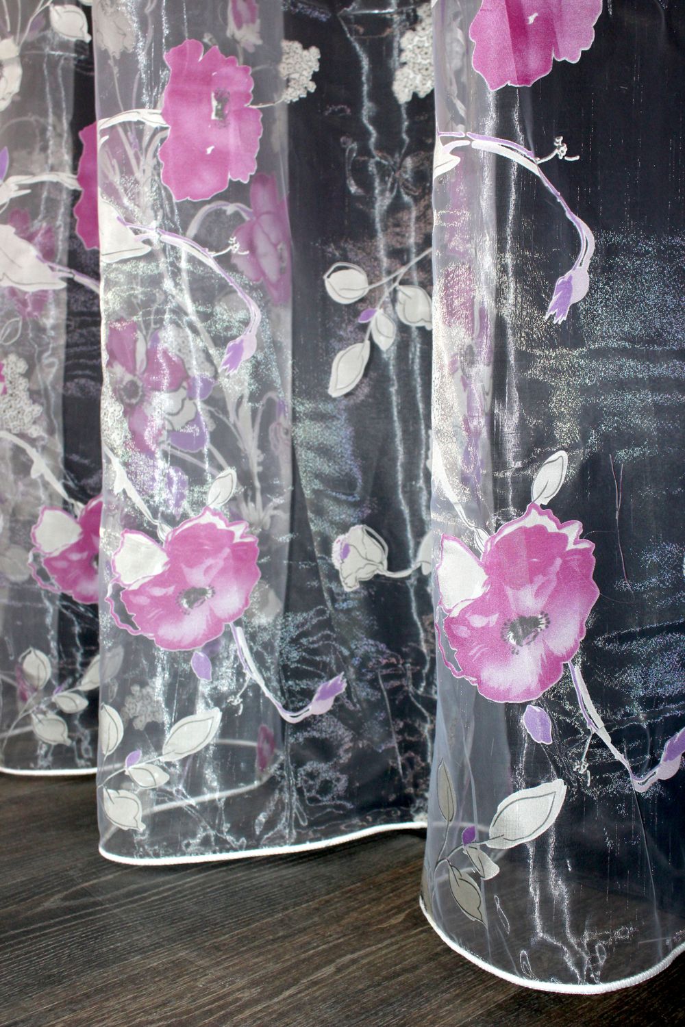 Тюль органза з великим квітковим принтом колір напівпрозорий білий з різнокольоровим принтом 1044т, Готова тюль з тасьмою (3х2,5 м.), 3,0 м., 2,5 м., 300, 250, 1,5 - 2 м., Тасьма