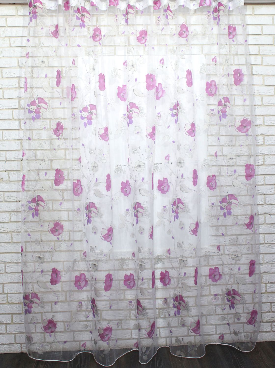 Тюль органза з великим квітковим принтом колір напівпрозорий білий з різнокольоровим принтом 1044т, Готова тюль з тасьмою (3х2,5 м.), 3,0 м., 2,5 м., 300, 250, 1,5 - 2 м., Тасьма