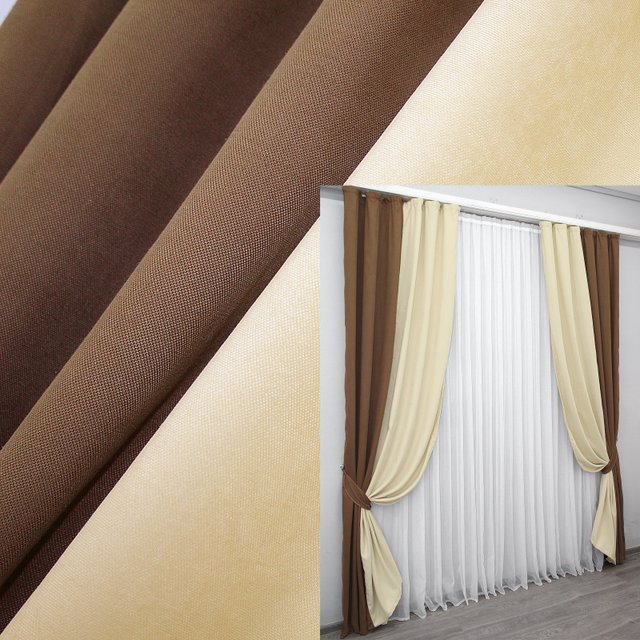 Комбинированные (2шт 1,5х2,7м) шторы из микровелюра цвет коричневый с кремовым 014дк (844-789ш) 10-650