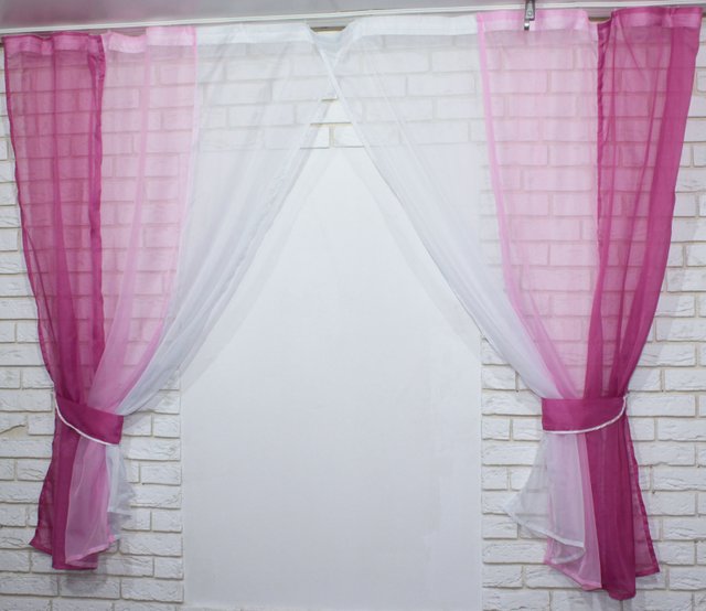 Кухонные шторы (400х170см) на карниз 1,5-2м цвет малиновый с розовым 054к 50-051