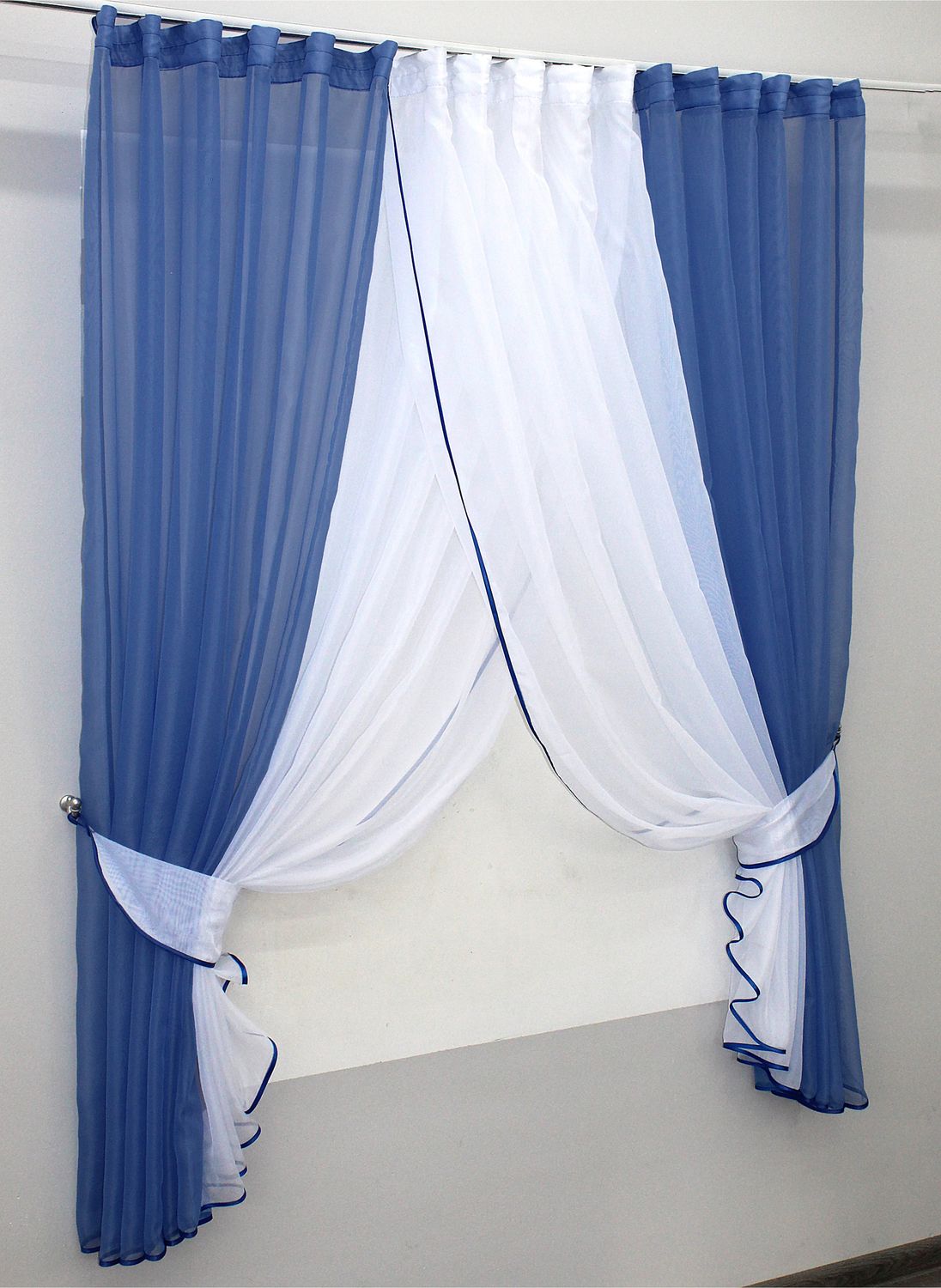 Кухонные шторки (400х170см) с подвязками цвет синий с белым 096к 52-0120