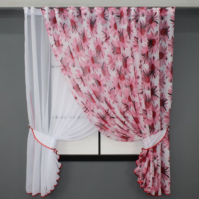 Кухонный комплект (320х170см) шторки с подвязками цвет белый с розовым 101к 52-0688