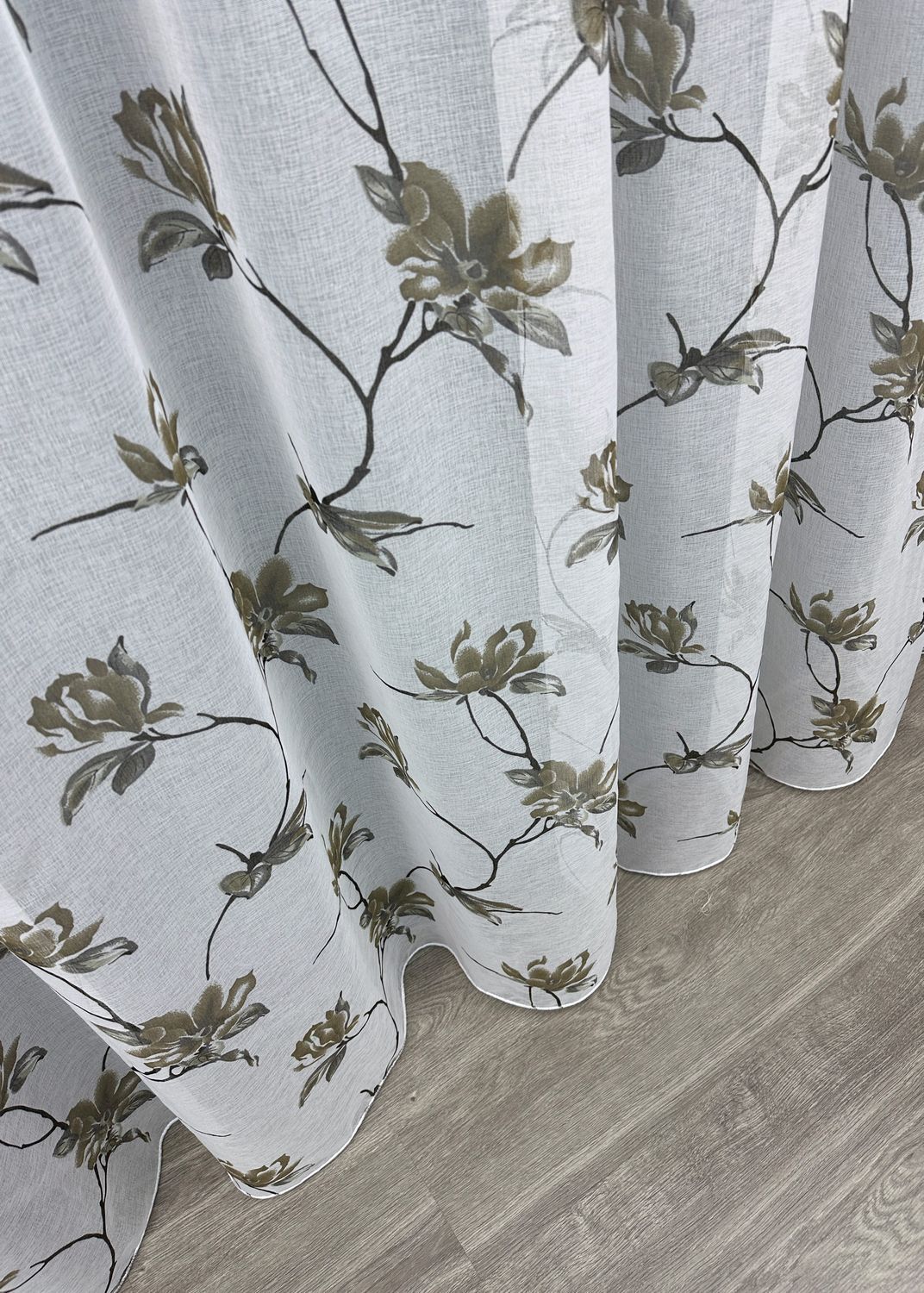 Тюль батист, коллекция "Flora" цвет белый с хаки 1906т, Тюль на метраж, Без крепления, ткань на отрез, Нужную Вам ширину указывайте при покупке. (Ширина набирается по длине рулона.), 2,8 м.