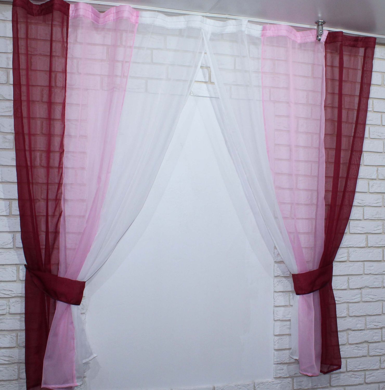 Кухонные шторы (400х170см) на карниз 1,5-2м цвет бордовый с розовым и белым 054к 50-049