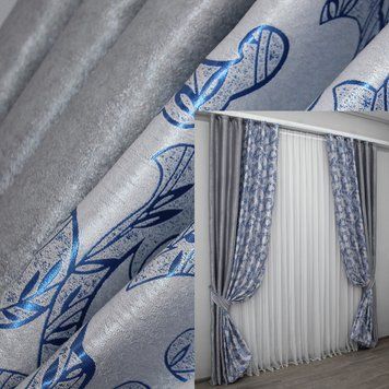 Комбинированные (2 шт 1,5х2,7м) шторы из ткани блэкаут, цвет серый с синим 014дк (157-766Бш) 10-144
