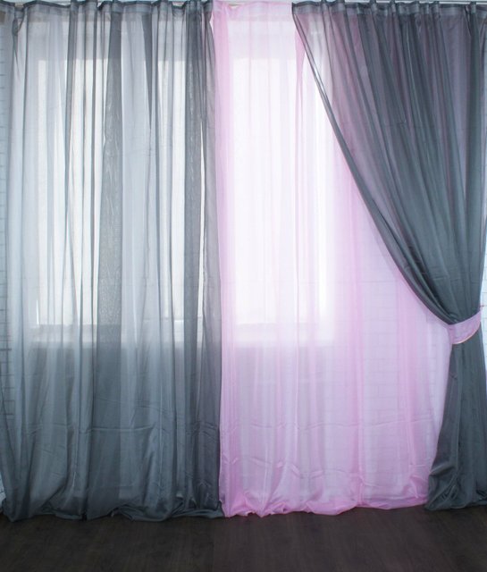 Комплект штор из шифона цвет серый с розовым 011дк (н122-н111), Серый с розовым, Комплект штор (3 шт. 1,5х2,9 м.), 1,5 м., 2,9 м., 2 - 3 м., В комплекте 1 шт., Тесьма