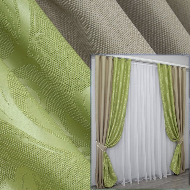 Комбинированные (2шт 1,5х2,7м) шторы из ткани лен цвет бежевый с салатовым 014дк (292-1003ш) 10-532