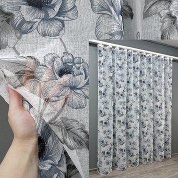 Тюль батист, коллекция "Flora" цвет белый с серо-синим принтом 1543т, Готовая тюль с тесьмой (3х2,7 м.), 3,0 м., 2,7 м., 300, 270, 1,5 - 2 м., Тесьма