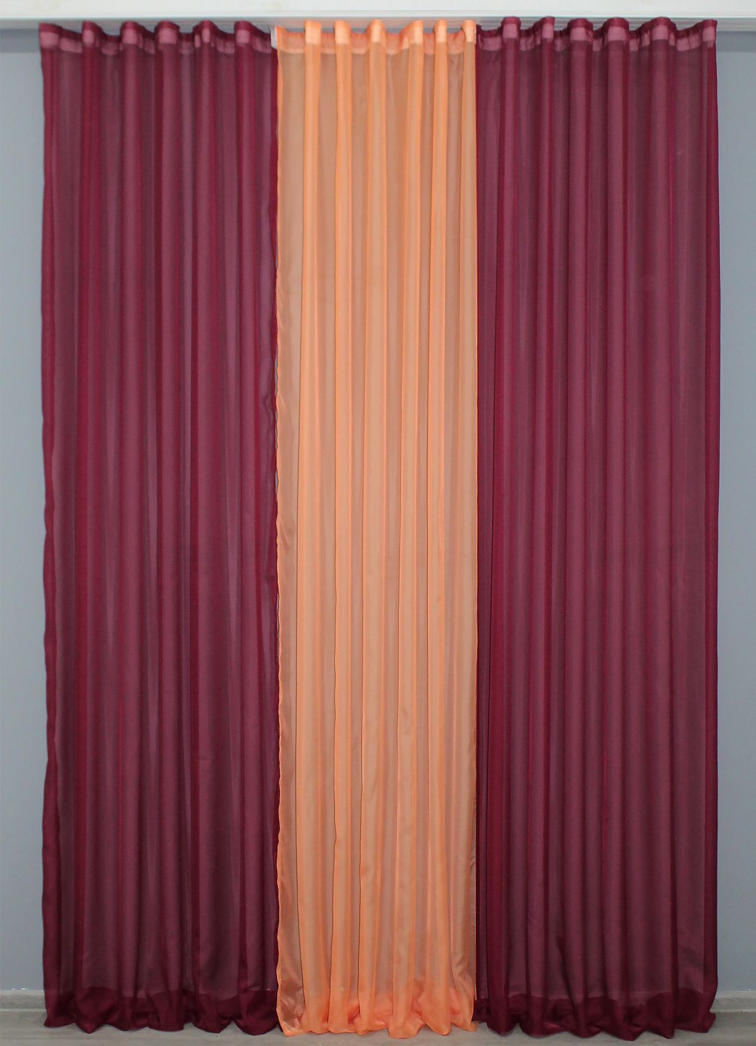 Комплект из шифона, декоративная гардина цвет бордовый с персиковым 002дк (н113-н110), Гардина (1шт. 3х2,7м.), 3,0 м., 2,7 м., 300, 270, 1,5 - 2 м., Тесьма