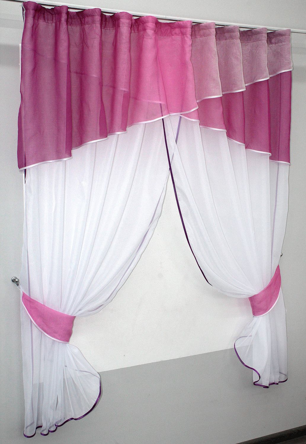 Кухонні штори (260х170см) з ламбрекеном, на карниз 1-1,5м колір рожевий з білим 091к 50-894