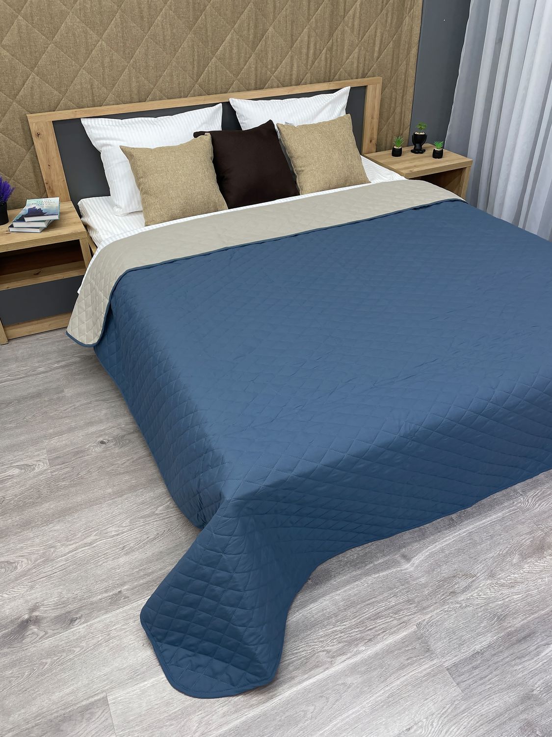 Покрывало двустороннее Decorator Microfiber ромб 140х215 см синий с бежевым (85-004)