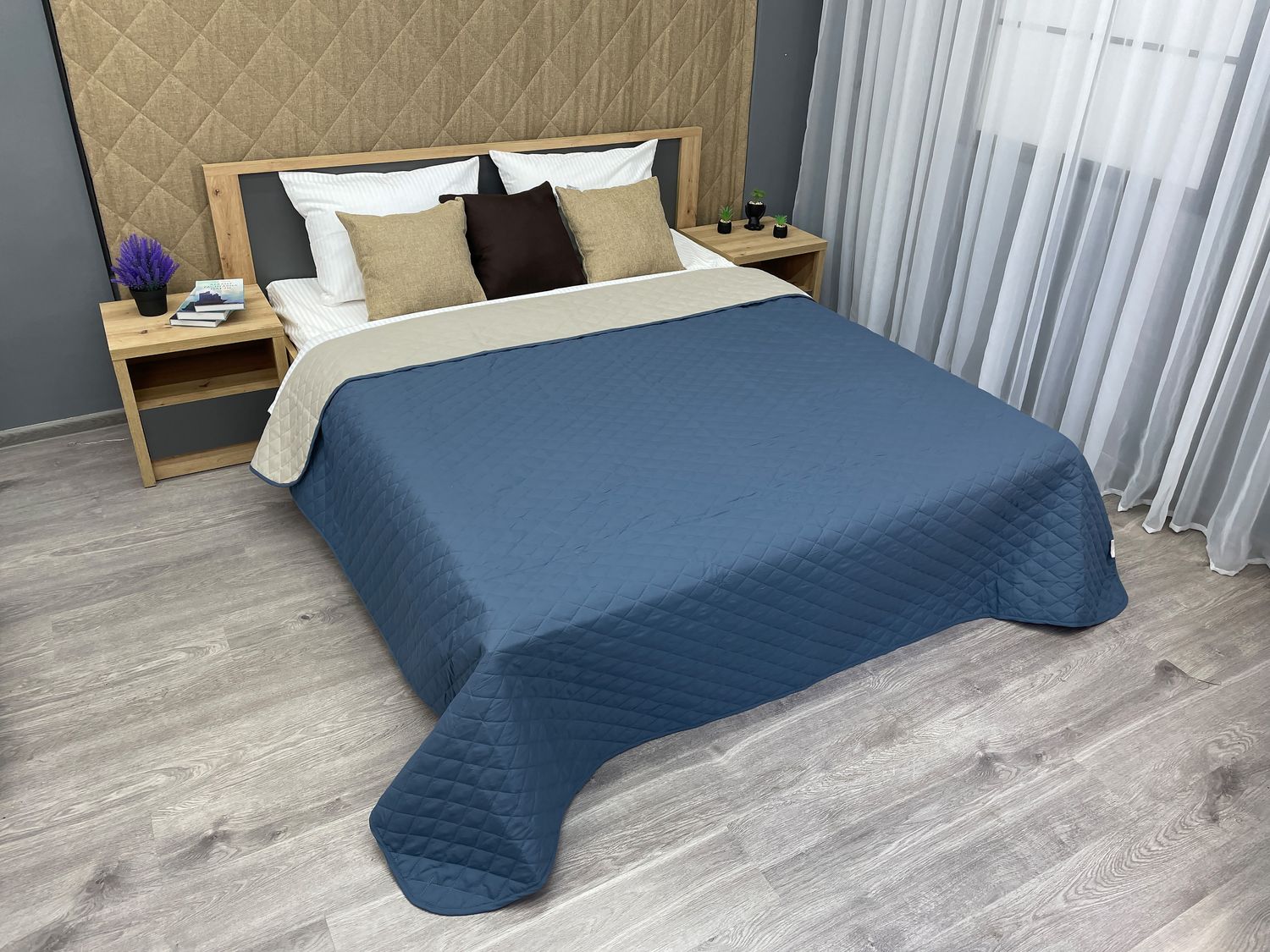 Покривало двостороннє Decorator Microfiber ромб 140х215 см синій з бежевим (85-004)