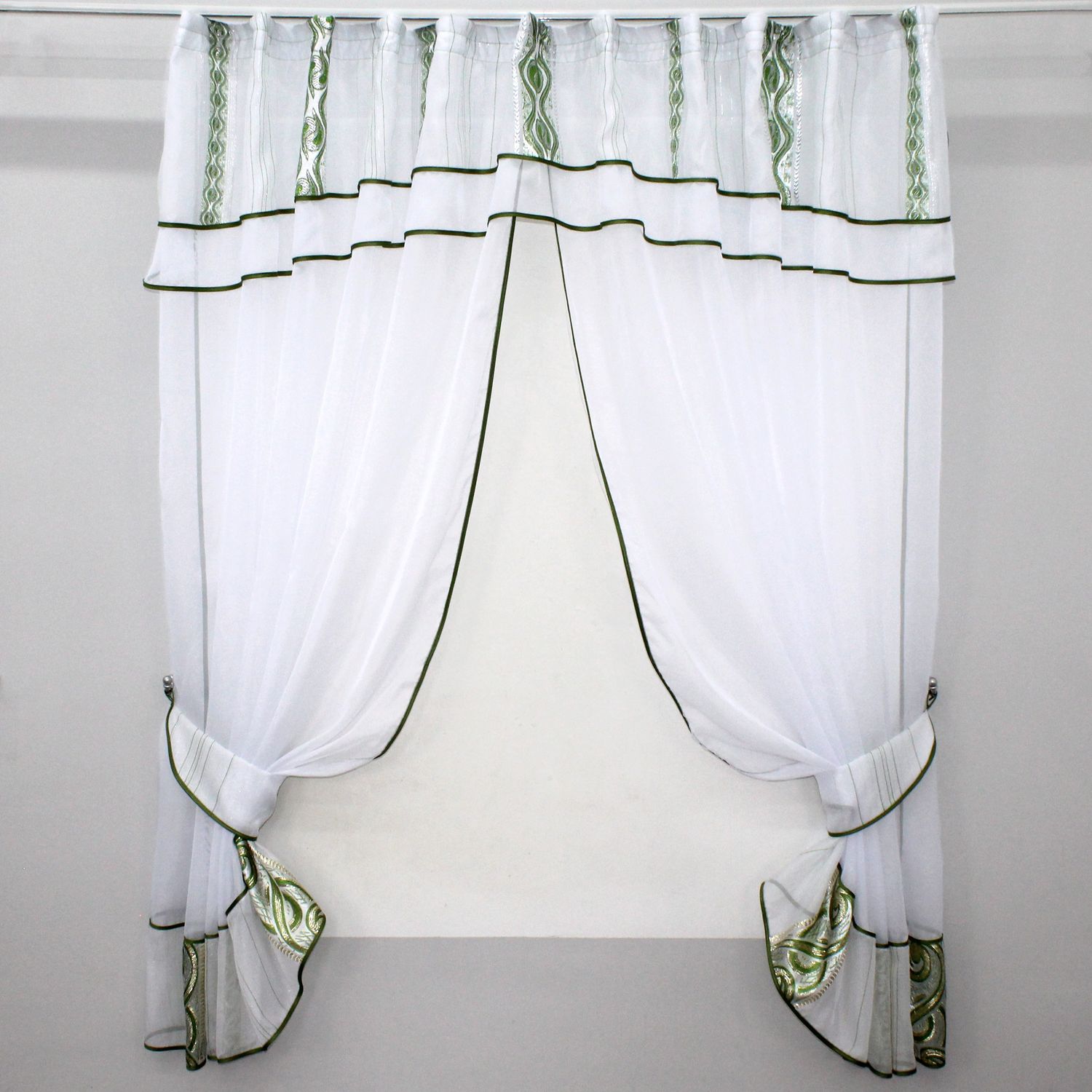 Кухонные шторы (280х170см) с ламбрекеном, на карниз 1-1,5м цвет белый с зеленым 00к 59-521