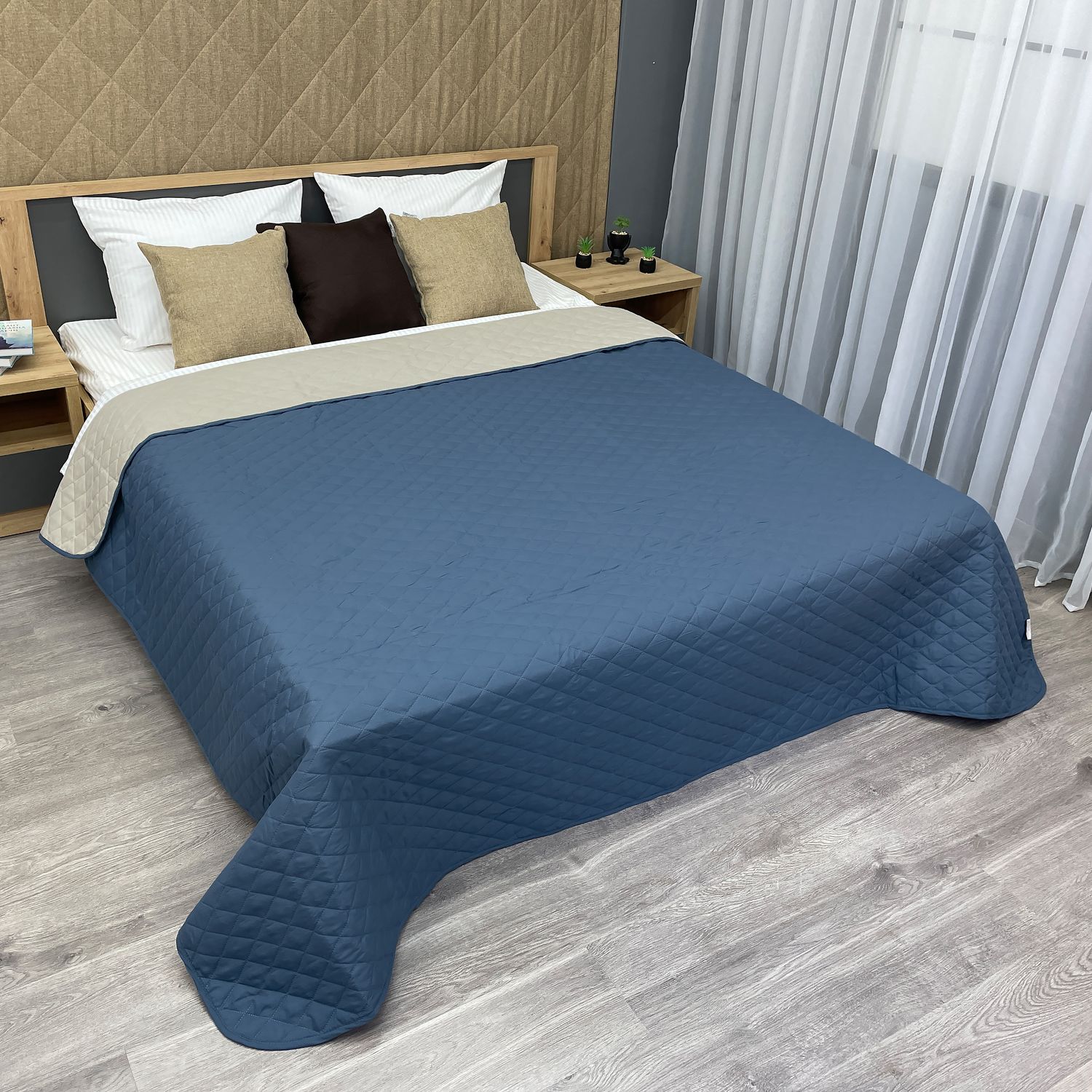 Покривало двостороннє Decorator Microfiber ромб 140х215 см синій з бежевим (85-004)