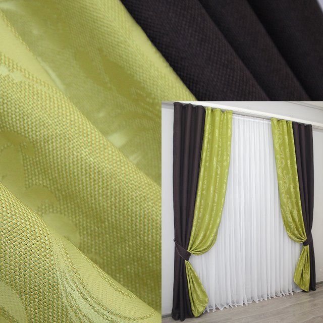 Комбинированные (2шт 1,5х2,7м) шторы из ткани лён цвет венге с салатовым 014дк (291-1003ш) 10-642