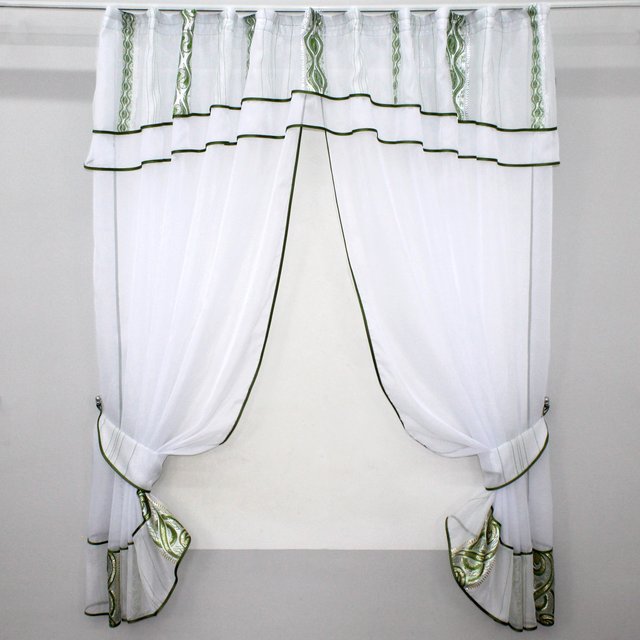 Кухонні штори (280х170см) з ламбрекеном, на карниз 1-1,5м колір білий з зеленим 00к 59-521