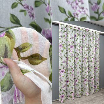 Тюль батист, коллекция "Flora" цвет белый с сиреневым и зеленым 1802т, Готовая тюль с тесьмой (3х2,7 м.), 3,0 м., 2,7 м., 300, 270, 1,5 - 2 м., Тесьма