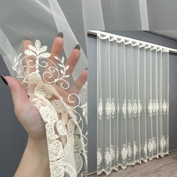 Тюль фатин с вышивкой цвет молочный 1843т, Готовая тюль с тесьмой (4х2,5 м.), 4,0 м., 2,5 м., 400, 250, 2 - 2,5 м., Тесьма