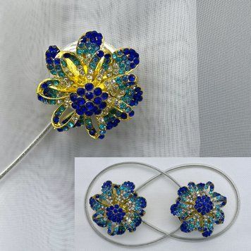 Магніти (2шт., пара) для штор, гардин "Flowers" колір синій з золотистим 81-199